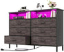 Dresser for Bedroom, 6 Drawer Dresser, Fabric Vertical Storage Tower with Fabric Bins with Open Shelves LED Light and Charging Station, Chest of Drawers for Closet Chests Organizer, Living Room, Grey