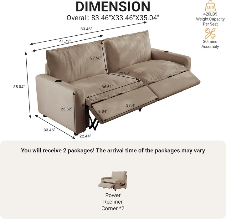83.46" Power Reclining Sofa with Wireless Charging & Heated Seats,Smart Recliner Sectional Couch,Zero Gravity Recliner Sofa,Deep Seat Cloud Couch for Living Room Home Theater.Khaki,2 Seats