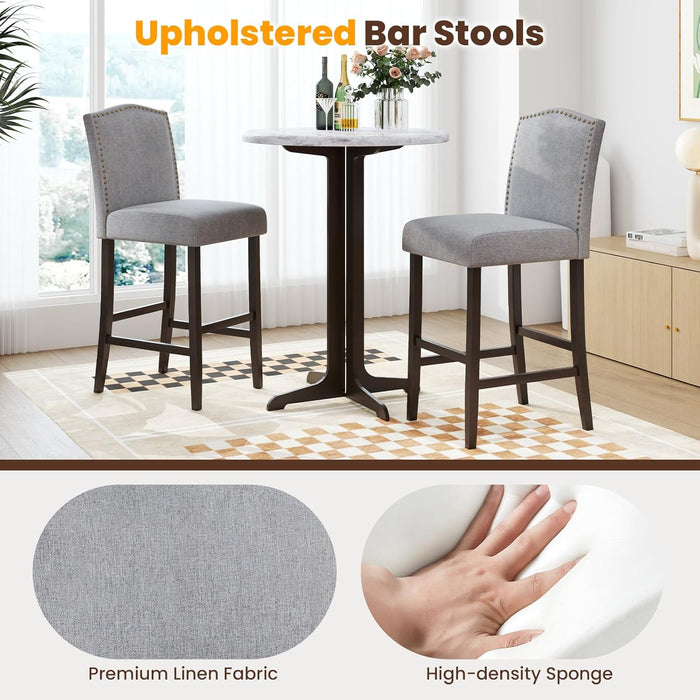 30" Bar Stools Set of 2, Upholstered Bar Height Bar Chairs with Back & Rubber Wood Legs, Antique Nailhead Trim, Modern Linen Fabric Barstools for Kitchen Island, Counter, Cafe, Pub, Grey