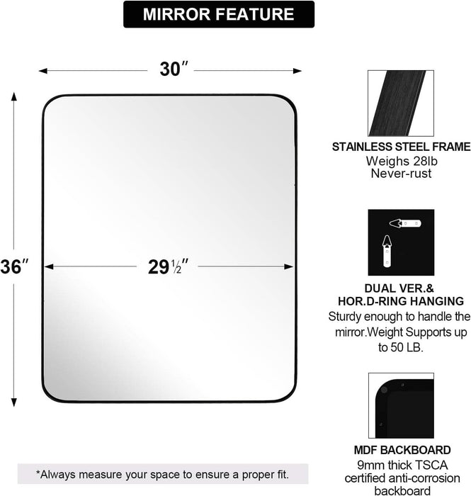 Wall Mirror for Bathroom, 30X36 Matte Black Bathroom Mirror, Modern Stainless Steel Metal Frame Rounded Corner Rectangle Mirror for Vanity