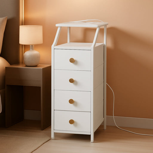 Narrow Dresser Tall Skinny Storage Tower Vertical Slim Chest of Drawers with Charging Station Small Nightstand Side Table for Bedroom, Bathroom, Small Spaces (White, 4 Drawers)