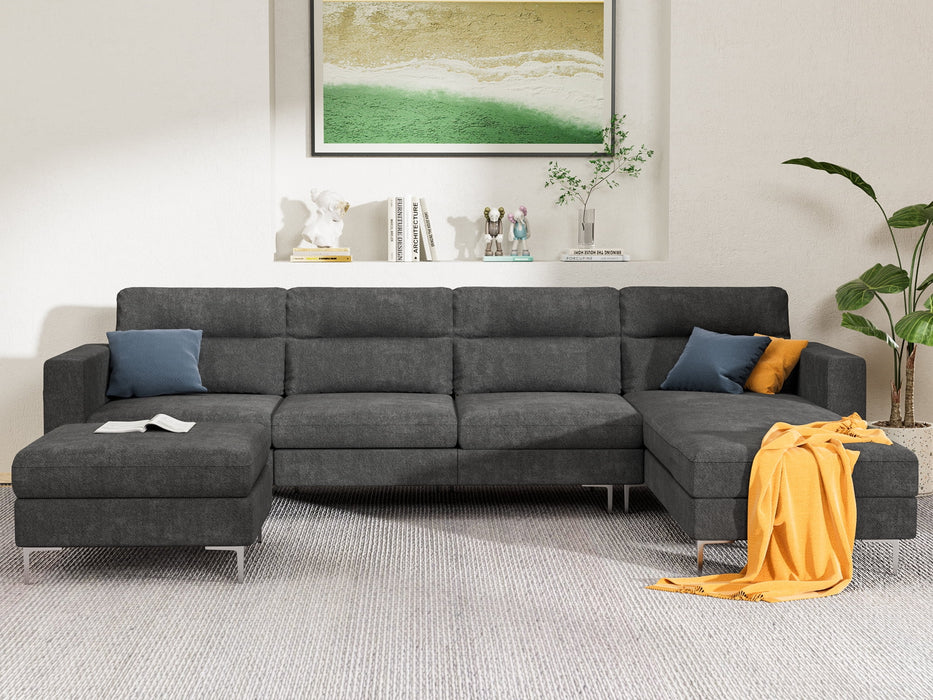 U-Shape Sectional Sofa with Chaise and Ottoman, Movable Modular Couch with Fabric Thick Cushion for Living Room, Dark Grey