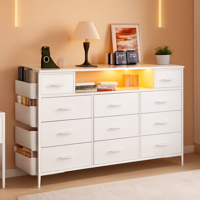 White Dresser for Bedroom with Power Outlets and LED Lights 11 Drawers Dresser with Side Pocket for Kids Bedroom, Fabric Chest of Drawers, for 60Inch TV Long Dresser Storage Organizer