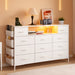 White Dresser for Bedroom with Power Outlets and LED Lights 11 Drawers Dresser with Side Pocket for Kids Bedroom, Fabric Chest of Drawers, for 60Inch TV Long Dresser Storage Organizer