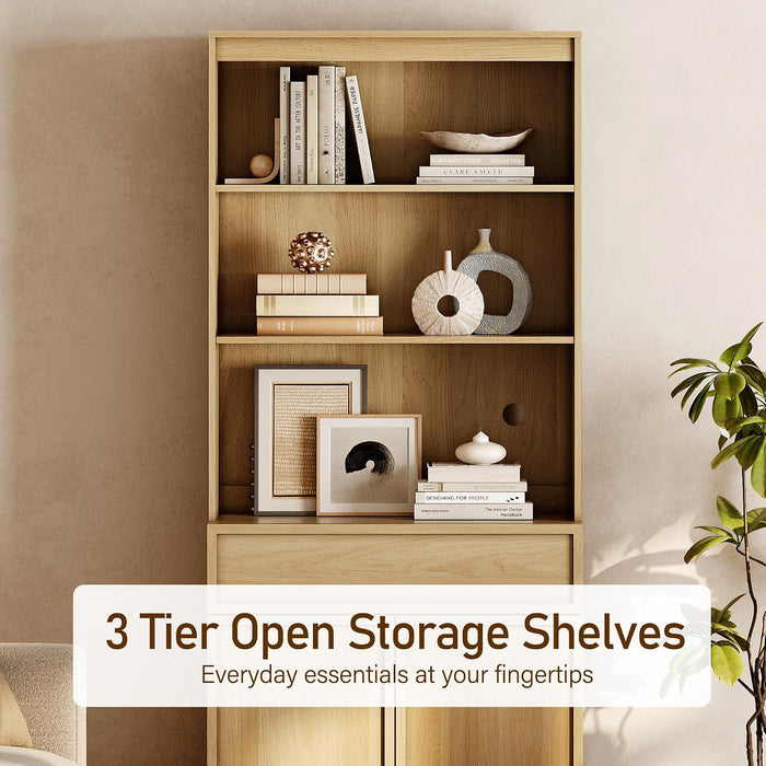 Modern 72" Tall Bookshelf with Doors, Drawers & Adjustable Shelves, Library Bookcase with Storage Cabinet and Open Shelving, Wood Bookcase for Home Office, Living Room, Oak, 1 PC