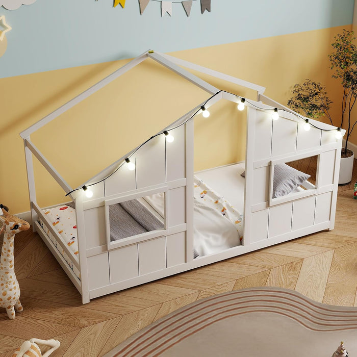 Twin Floor Bed LowProfile SolidWood LEDLights White