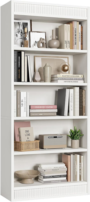 71 in Farmhouse Bookcase W/Double Fluted Design, 5 Tier Tall Bookshelf with Wooden Base, Wooden Bookshelf Rustic Vintage Book Shelf for Office Library (White, 70.8" H X 30" W X 11.9" D)