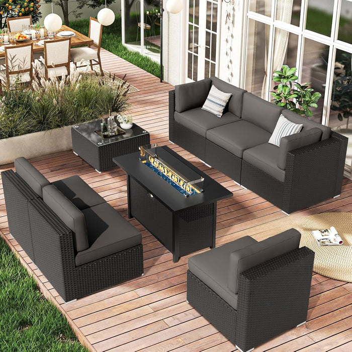 8-Piece Outdoor Patio Furniture Sofa Set All-Weather Wicker Sectional Conversation Set with Modern Glass Coffee Table, Cushions and Fire Pit Table, Dark Grey