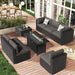 8-Piece Outdoor Patio Furniture Sofa Set All-Weather Wicker Sectional Conversation Set with Modern Glass Coffee Table, Cushions and Fire Pit Table, Dark Grey