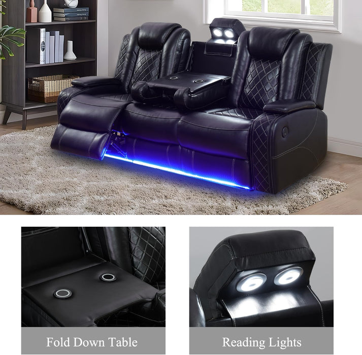 Leather Power Recliner Sofa Set with LED, Living Room Furniture Set, Leather Sofa Set with USB Port Storage Console Cup Holder (Power Reclining Sofa Set, Black)