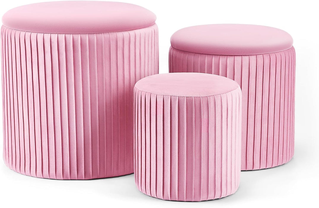 Ottoman Coffee Table,Round Ottoman with Storage Set of 3,Vanity Stool with Storage for Bedroom, Small Velvet Foot Stool for Living Room