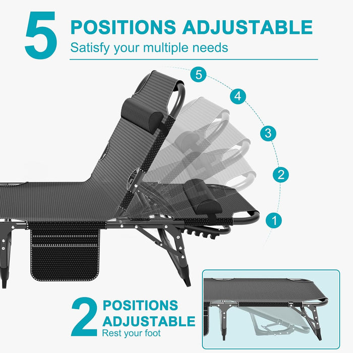 Chaise Lounge Chair,5 Positions Padded Outdoor Tanning Chair,Heavy Duty Portable Lounge Chair for Outdoor Sunbathing Patio Pool Lawn Deck Poolside,Support up to 440 Lbs