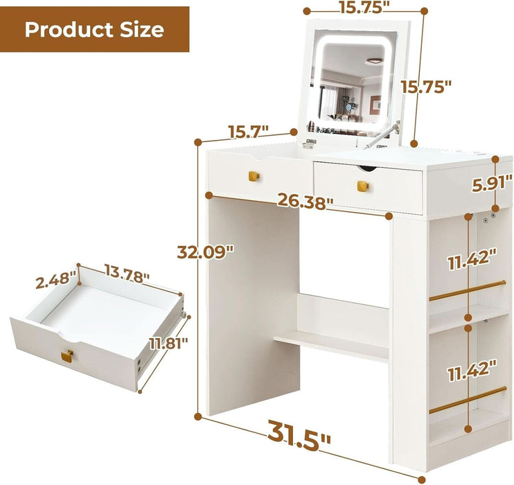 Vanity Desk with Flip Top Mirror, Makeup Vanity Table with 3 Color and Brightness Adjustable, Side Organizer Small Vanity with Storage Compartment, Writing Desk for Bedroom, White