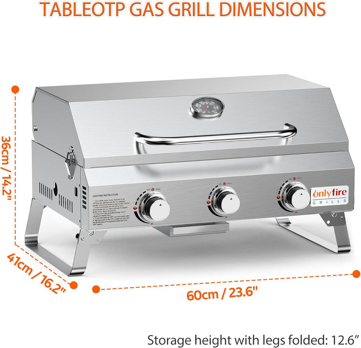 Tabletop Gas Grill 3 Burners, Portable Propane BBQ Grill with Foldable Legs for Outdoor Barbecue Patio Backyard Camping, Tailgating, RV Trip, Heavy Duty & 24000BTU, GS307