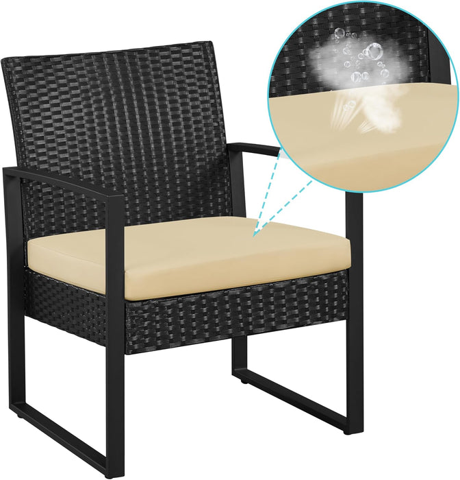 3 Pieces Rattan Bistro Set, Indoor/Outdoor Wicker Patio Modern Conversation Furniture, 2 Chairs & Tempered Glass Coffee Table for Garden, Balcony, Backyard, Poolside, Black/Khaki