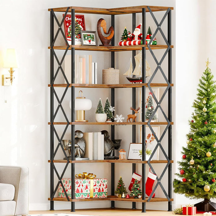 Corner Bookshelf, 6-Tier L-Shaped Bookcase, Industrial Open Display Shelf Tall Storage Organizer, Vertical Storage Rack, for Living Room, Home Office, Rustic Brown and Black BF61SJ01