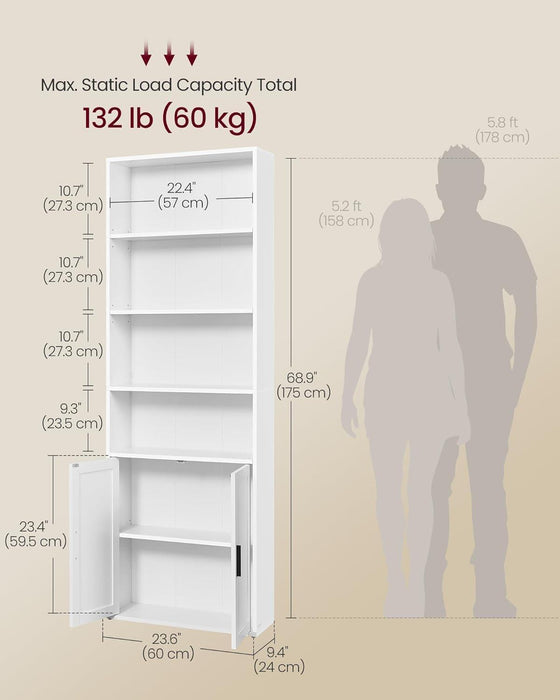 Custos Collection - Bookshelf, 6-Tier Tall Bookcase, Book Shelf with Doors, Open Storage Shelf, 9.4 X 23.6 X 68.9 Inches, for Living Room, Home Office, Dining Room, Cloud White ULBC402W01