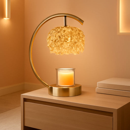 Bronze Candle Warmer Lamp for Jar Candles with Adjustable Brightness＆Timer，Handcrafted Crystal＆Wooden Base,Candle Lamp Luxurious Design+2Bulbs,Home Decoration Electric Candle Lamp(C-Shaped)