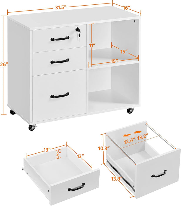 3-Drawer File Cabinet, Mobile Lateral Filing Cabinet Printer Stand with Open Storage Shelves under Desk Organization for Home Office, White