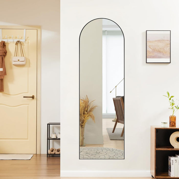 Black Arched Full Length Mirror 60"X16" for Bedroom, Full Body Mirror with Stand, Hanging or Leaning for Wall, Aluminum Alloy Thin Frame Floor Standing for Living Room