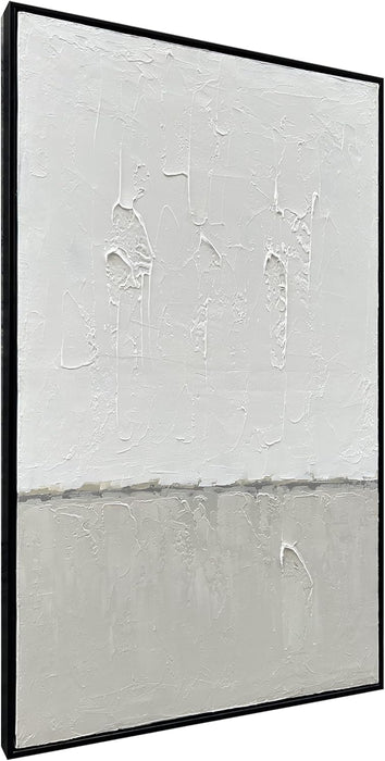Art Hand-Painted White and Grey Art Oil Painting Modern Minimalist Abstract Art Home Office Wall Decoration Art 36X24 Inches (With Solid Wood Exterior Frame)