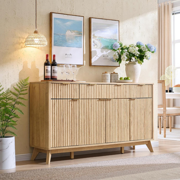 60 Inch Fluted Buffet Sideboard Cabinet, Natural Oak | Modern Coffee Bar Storage Cabinet with 3 Drawers, for Dining Room, Living Room, Hallway, Oak Wood Grain, Adjustable Shelves