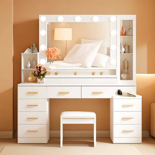 53.15" Large Vanity Desk with Mirror and Lights,White Makeup Vanity with Glass Top Power Outlet Vanity Table with 11 Drawers 6 Shelves Dressing Table Stool Set for Bedroom Women UXFST008W