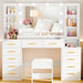 53.15" Large Vanity Desk with Mirror and Lights,White Makeup Vanity with Glass Top Power Outlet Vanity Table with 11 Drawers 6 Shelves Dressing Table Stool Set for Bedroom Women UXFST008W