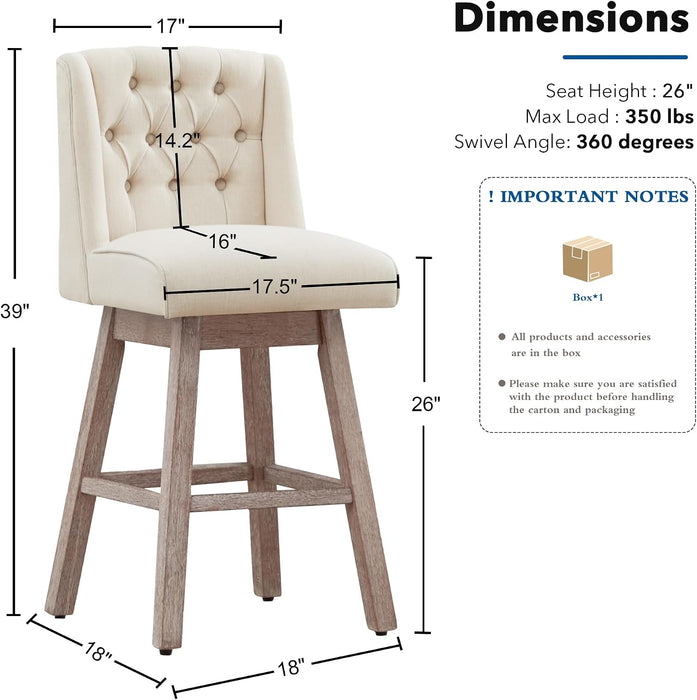 26" Swivel Bar Stools Set of 2, Counter Height Barstools with Back, Linen Fabric Upholstered Bar Stools, Modern Barstools Wood Legs for Kitchen Island Dining Room Bar