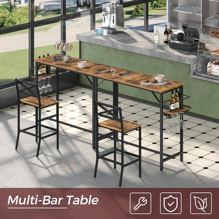 Bar Table, 35.4-Inch Counter Height Pub Table with Charging Station, Rectangular Dining Table with Wine Rack and Glass Holder, High Top Cocktail Tables, for Kitchen (Only Table)