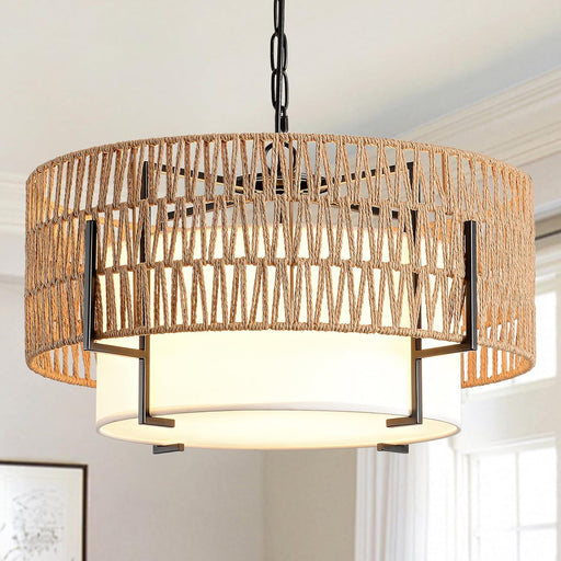 Boho Rattan Chandelier, 19.7" Rattan Pendant Light with Fabric Shade, 4-Light Farmhouse Ceiling Light Fixture Chandelier for Dining Room, Living Room, Bedroom, Kitchen Island, Foyer, Hallway