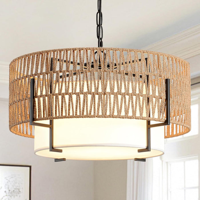 Boho Rattan Chandelier, 19.7" Rattan Pendant Light with Fabric Shade, 4-Light Farmhouse Ceiling Light Fixture Chandelier for Dining Room, Living Room, Bedroom, Kitchen Island, Foyer, Hallway
