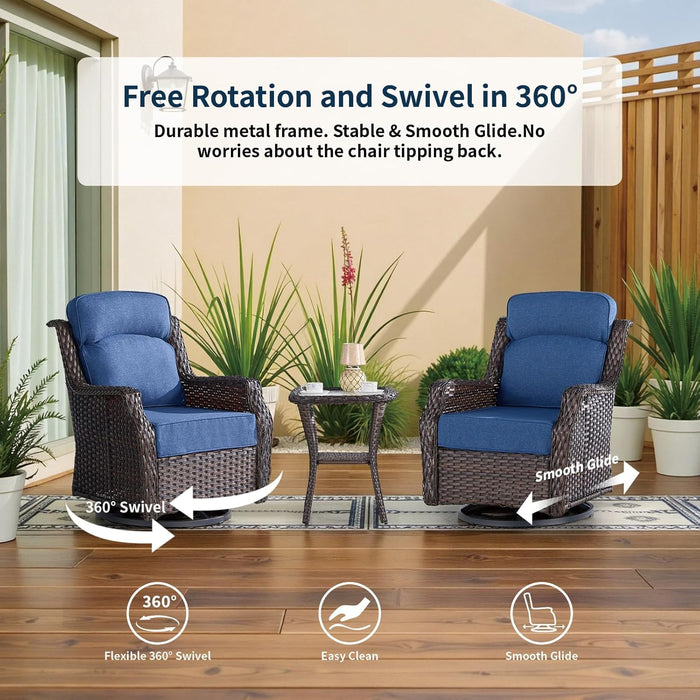 Patio Swivel Rocker Outdoor Chairs of 2 with Side Table, High Back and 6-Inch Thick Cushions, Wicker Swivel Glider Chairs for Porch, Deck, Poolside, Brown/Blue
