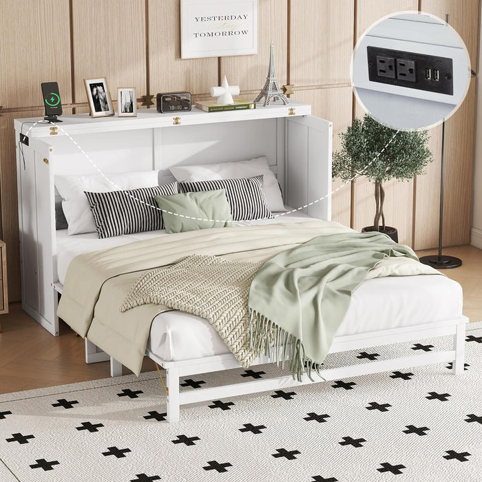 Queen Size Cabinet Murphy Bed with Charging Station and Drawers, Multiple Storage Foldable Hideaway Wall Murphy Bed Frame with Solid Slat, No Box Spring Needed, Easy Assembly, for Bedroom, White