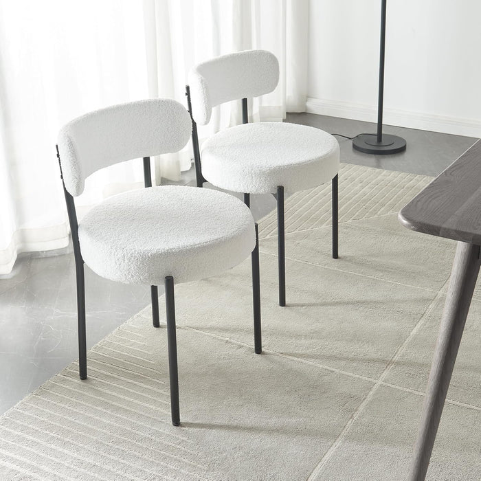 Modern Dining Room Chairs, Mid-Century round Upholstered Boucle Kitchen Dining Chairs with Black Metal Legs (2, White)