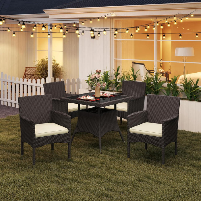 5-Piece Patio Furniture Set, Outdoor Rattan 4 Dining Chairs & Tempered Glass Table with Umbrella Hole, for Garden Backyard Deck Balcony, Brown/Beige