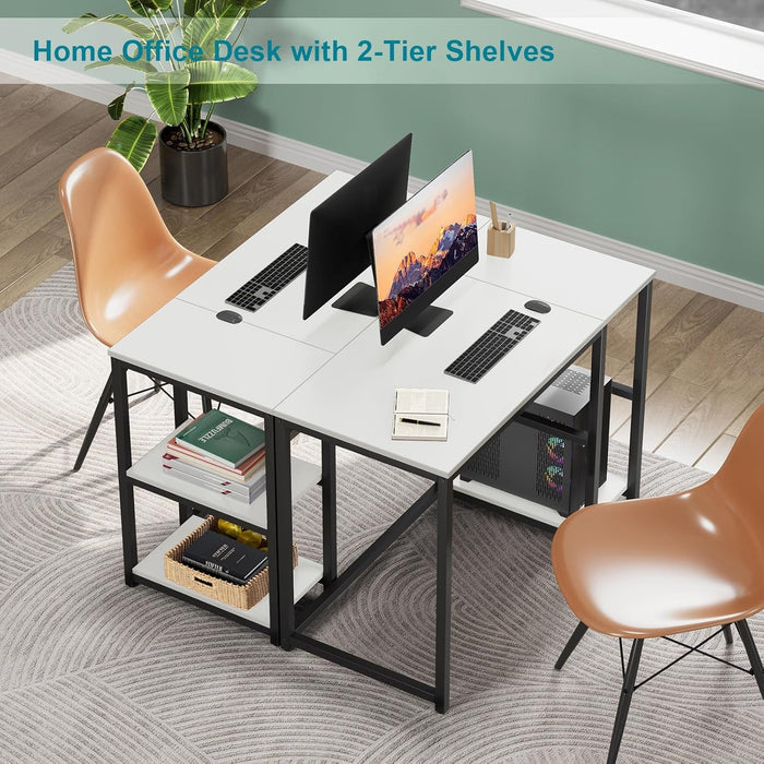 Computer Desk 40 Inches with 2-Tier Shelves Sturdy Home Office Desk with Large Storage Space Modern Gaming Desk Study Writing Laptop Table, White Desk