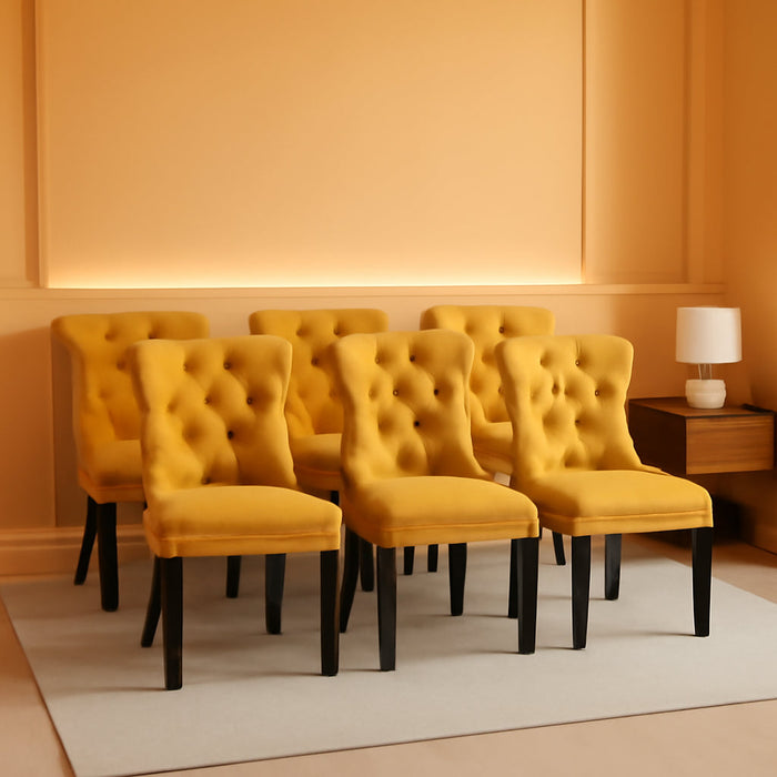Gold Velvet Dining Room Chairs, Tufted, Ring Pull Trim