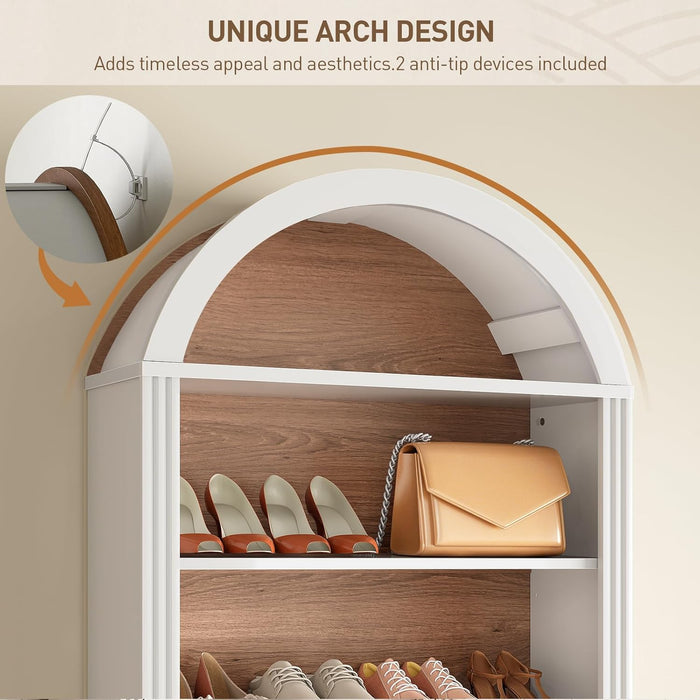 Arched Bookshelf, 75.8" Tall Arch Bookcase with Storage, 6-Tier Farmhouse Book Shelf, Arched Cabinet, Wooden Bookshelf with Open Display Shelves, Adjustable Shelf, Office, Walnut and White