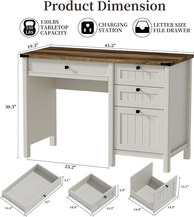 Executive Desk, Farmhouse Computer Desk with Drawers & Cabinet, Home Office Desk for Work Study Writing Workspace (Antique White, 45")