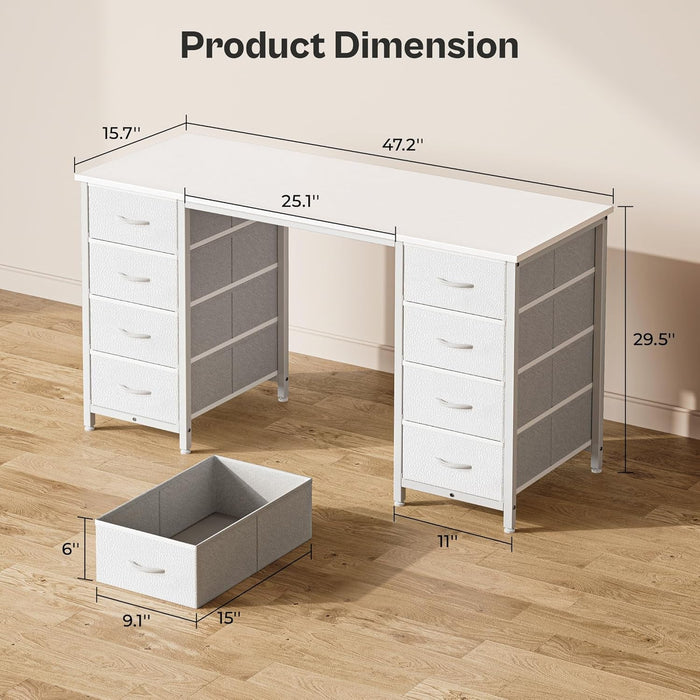 47 Inch Vanity Desk with 8 Drawers, White Desk, Makeup Desk with Large Storage, Fabric Drawers, Wooden Desktop, Computer Desk Work Desk, for Home Office, Bedroom