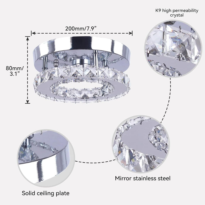 Modern Mini Led Chandelier Semi Flush Mount Crystal Lighting Ceiling Crystal Lamp for Bedrooms Dinning Rooms Hallway(Round White)