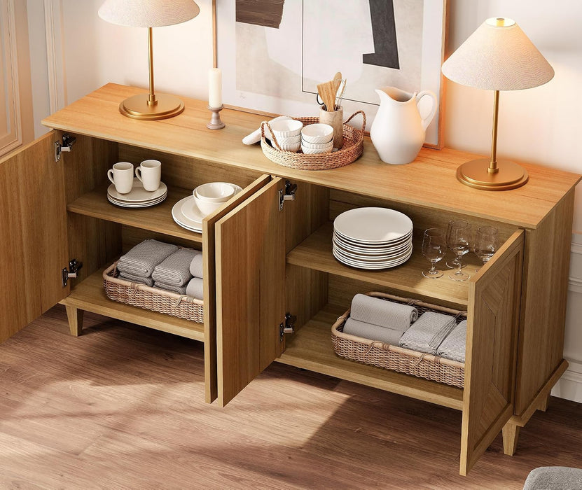 65-Inch Handcrafted Patchwork Decorative Buffet Cabinet with Pop-Up Design Doors,Full Unit Modern Modern Farmhouse Accent Credenza for Coffee Bar, Kitchen, and Living Room, Natural Oak