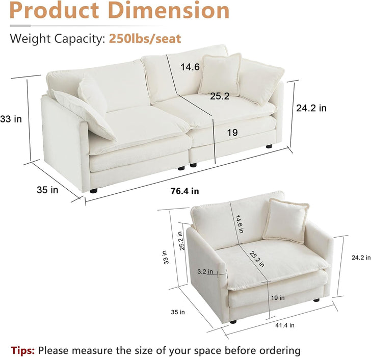 Luxury 2 Piece Loveseat Couch & Sofa Armchair Set, Modern Upholstered Chenille Cloud Couches Set Furniture with 5 Pillow for Living Room Bedroom Office Apartment, Beige