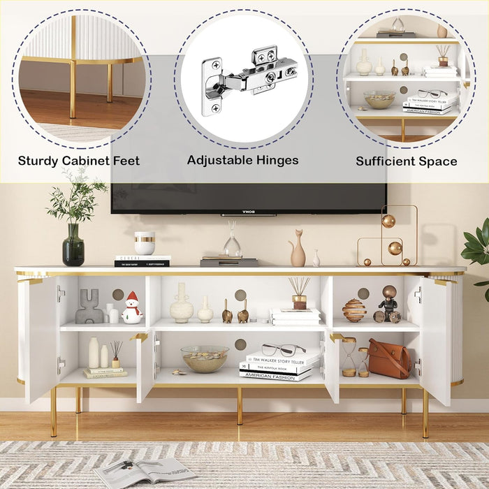 White Tv Stands for Living Room: 70" Large Entertainment Center with Storage, Modern Media Console Cabinet with Doors, Fluted Tv Table with Gold Legs (White, 70" TV Stand)