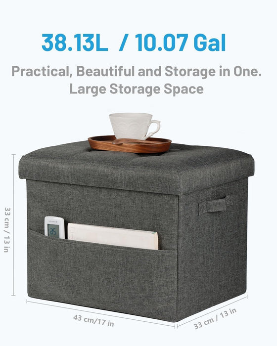 Storage Ottoman Foot Rest, Folding Linen Cotton Ottoman with Storage with Side Pockets and Handle, Foot Stool for Lounge, Study Corner, Home Office, 17X17X13 Inches, Dark Gray