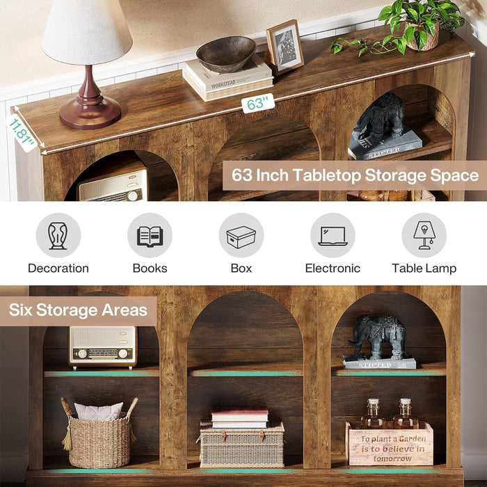 Farmhouse Console Table, 63-Inch Long Entryway Table with 3 Tier Storage, Wooden Rectangular Sofa Table behind the Couch for Entrance, Hallway, Living Room, Brown | Entryway Table, 3 Tier Storage, Rectangular, Sofa Table, behind the Couch, Entrance