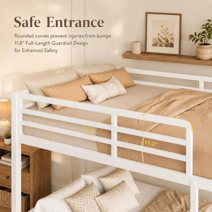 Metal Bunk Bed Full over Full with Ladder and High Guardrail, Heavy-Duty Metal Slats Support, Noise Free, No Box Spring Needed, for Kids and Juniors, White