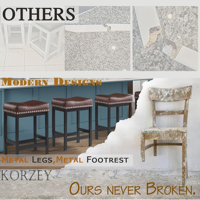 Bar Stools Set of 2, 24" Counter Height Bar Stools, Pu Leather Barstools Metal Frame for Kitchen Island, Saddle Barstools with Nailhead Trim, Brown