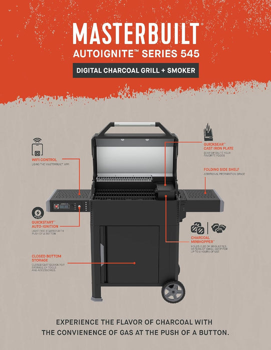 Autoignite 545 Digital Charcoal Grill and Smoker Combo for Easy Grilling, Digital Control, App, Sear Plate, Mini Hopper and 545 BBQ Cooking Square In. in Black